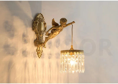 French Retro Copper Angel Flower Crystal Wall Lamp