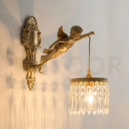 French Retro Copper Angel Flower Crystal Wall Lamp