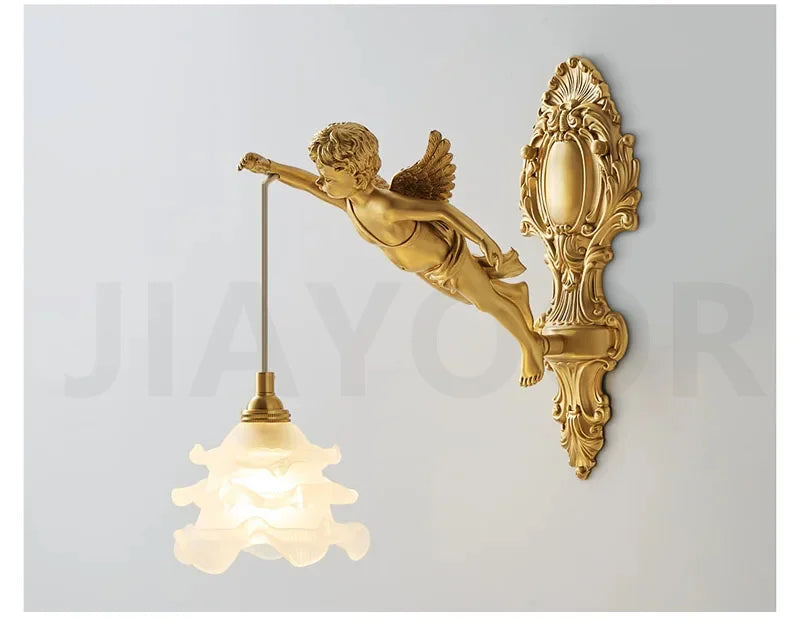 French Retro Copper Angel Flower Crystal Wall Lamp