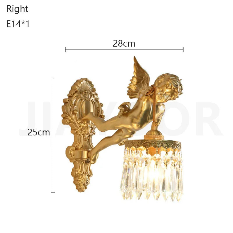 French Retro Copper Angel Flower Crystal Wall Lamp