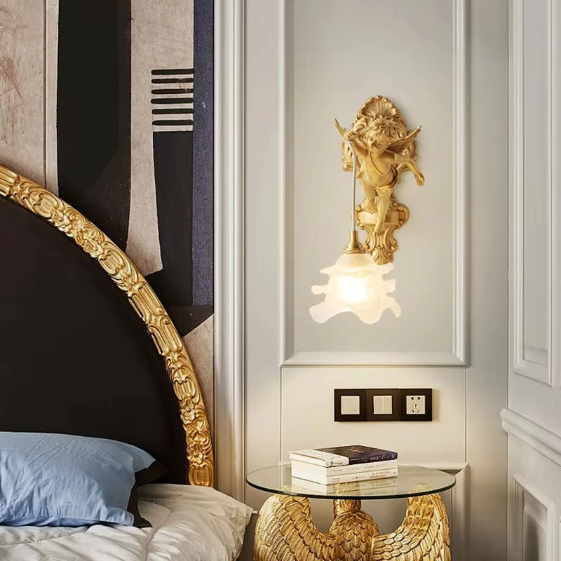 French Retro Copper Angel Flower Crystal Wall Lamp