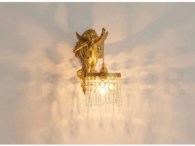 French Retro Copper Angel Flower Crystal Wall Lamp
