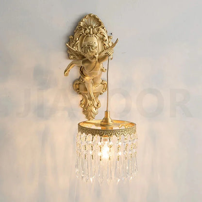 French Retro Copper Angel Flower Crystal Wall Lamp