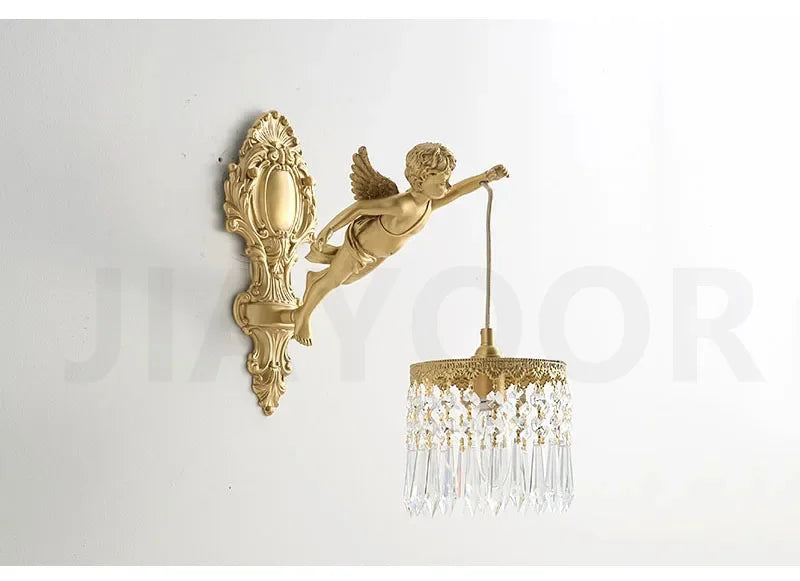 French Retro Copper Angel Flower Crystal Wall Lamp