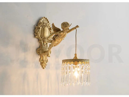 French Retro Copper Angel Flower Crystal Wall Lamp