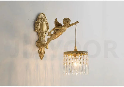 French Retro Copper Angel Flower Crystal Wall Lamp