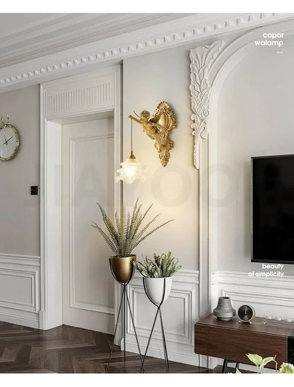 French Retro Copper Angel Flower Crystal Wall Lamp