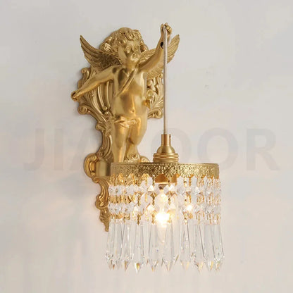 French Retro Copper Angel Flower Crystal Wall Lamp