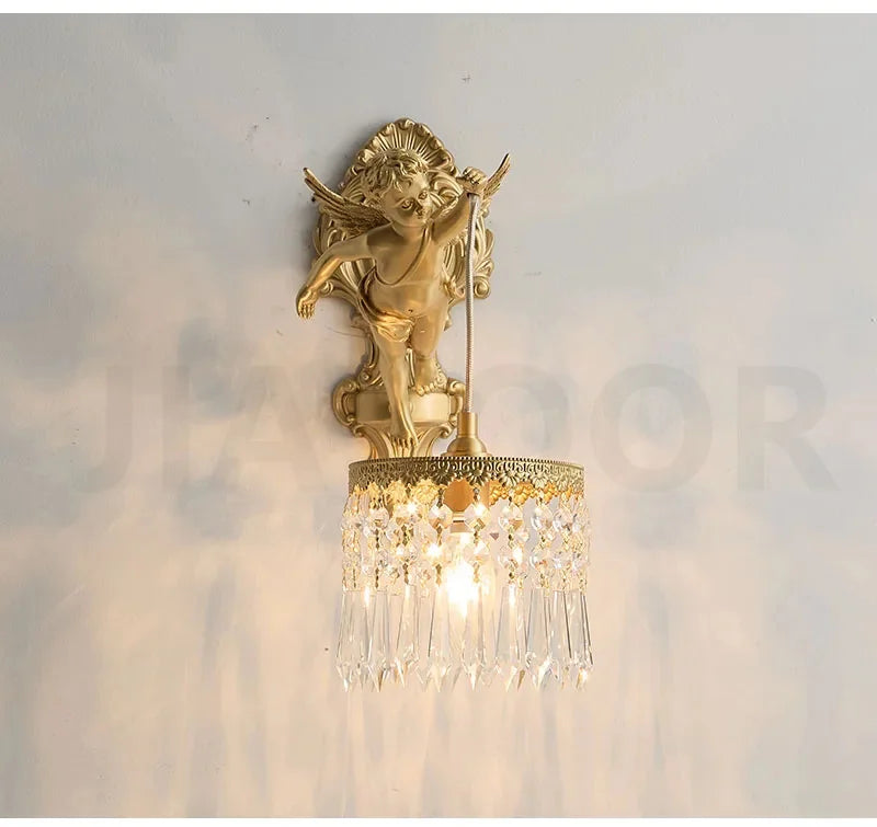 French Retro Copper Angel Flower Crystal Wall Lamp