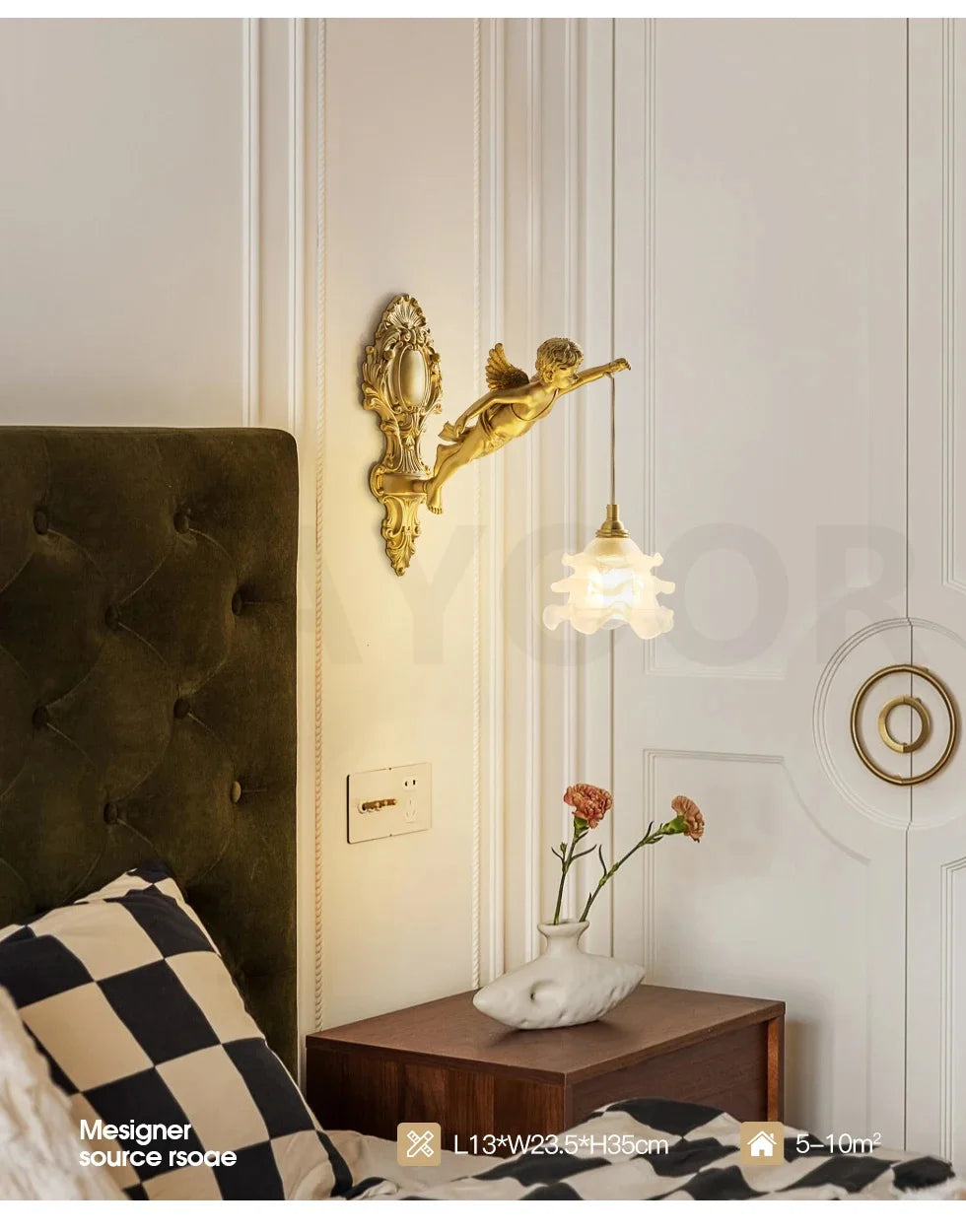 French Retro Copper Angel Flower Crystal Wall Lamp