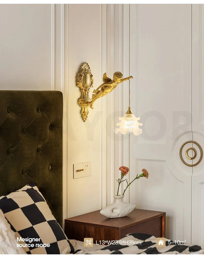French Retro Copper Angel Flower Crystal Wall Lamp