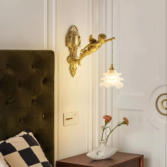 French Retro Copper Angel Flower Crystal Wall Lamp