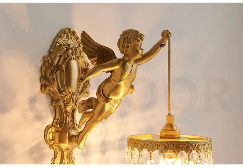 French Retro Copper Angel Flower Crystal Wall Lamp