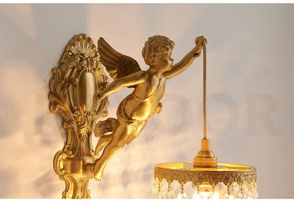 French Retro Copper Angel Flower Crystal Wall Lamp