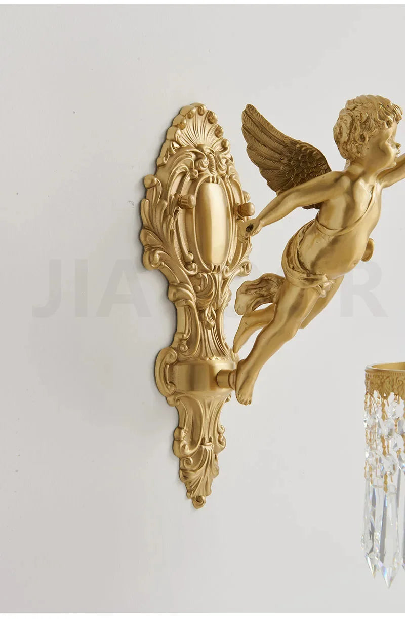 French Retro Copper Angel Flower Crystal Wall Lamp