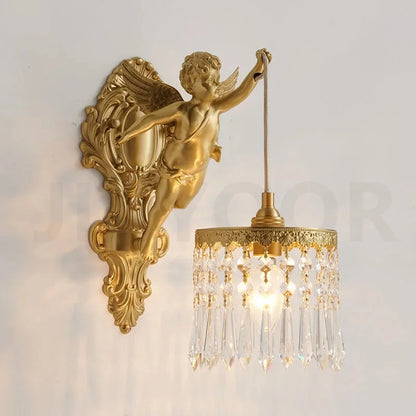 French Retro Copper Angel Flower Crystal Wall Lamp