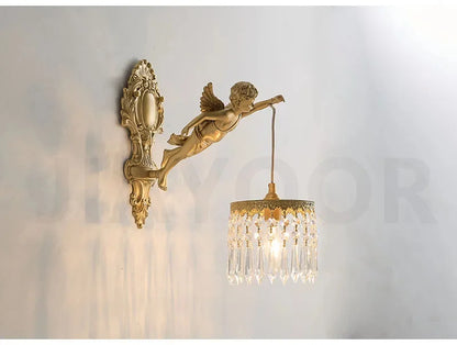 French Retro Copper Angel Flower Crystal Wall Lamp