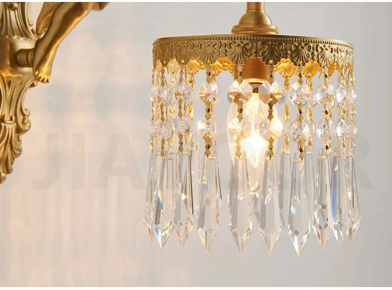 French Retro Copper Angel Flower Crystal Wall Lamp