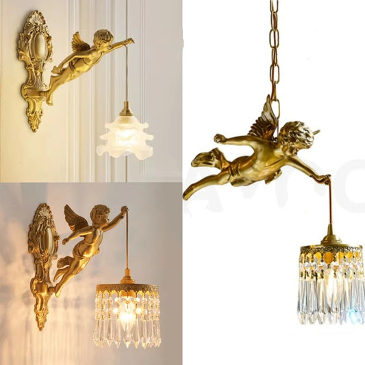 French Retro Copper Angel Flower Crystal Wall Lamp