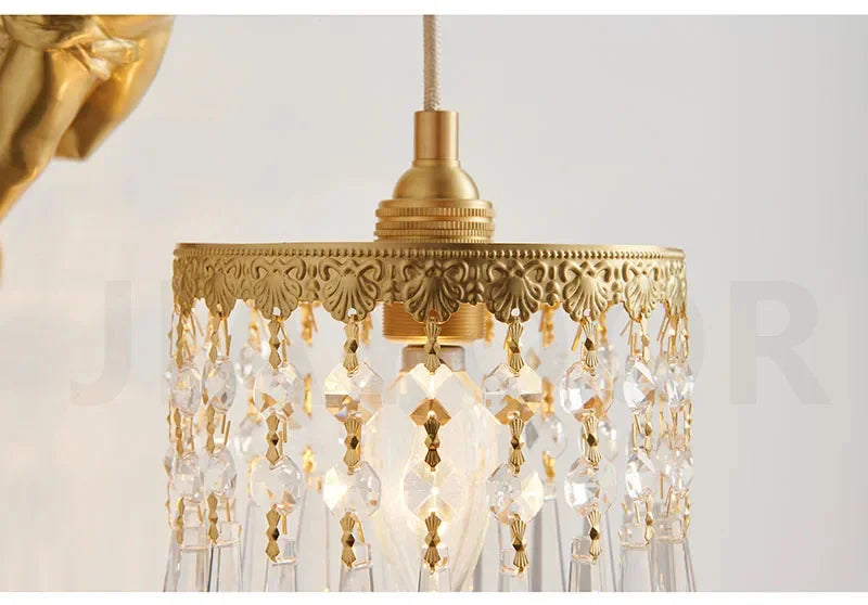 French Retro Copper Angel Flower Crystal Wall Lamp