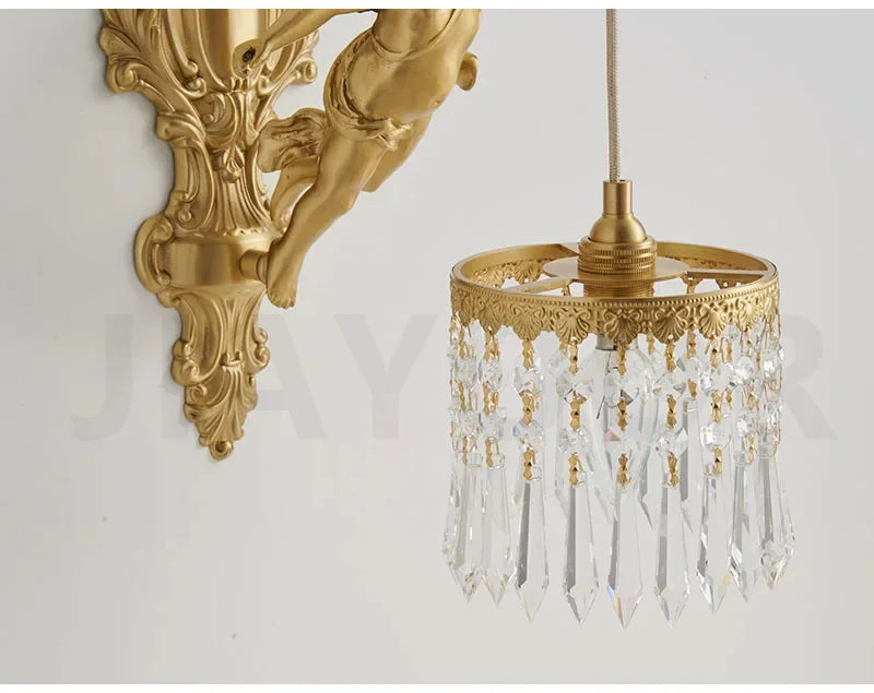 French Retro Copper Angel Flower Crystal Wall Lamp