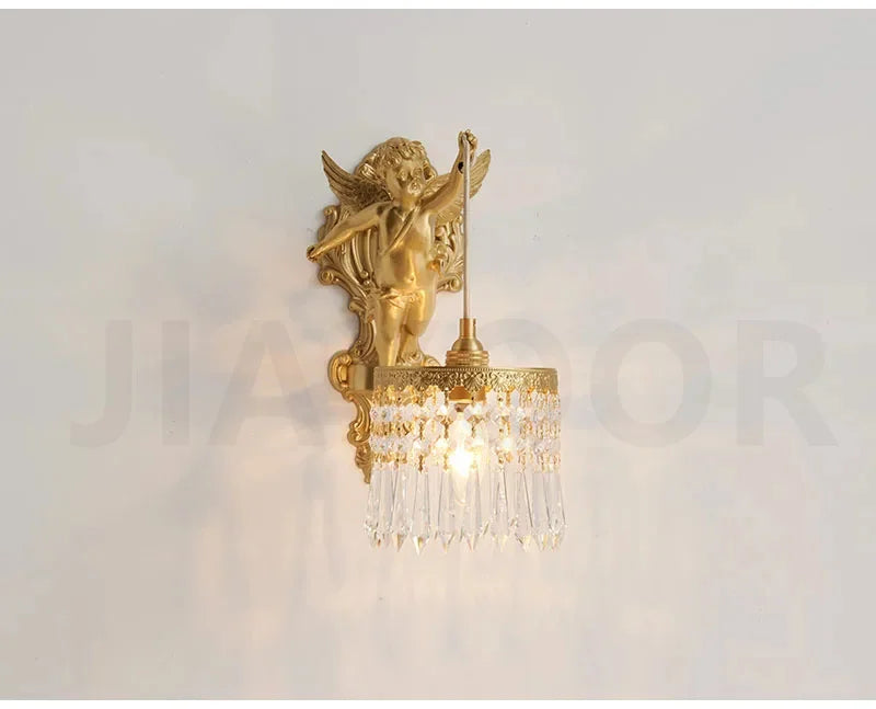 French Retro Copper Angel Flower Crystal Wall Lamp
