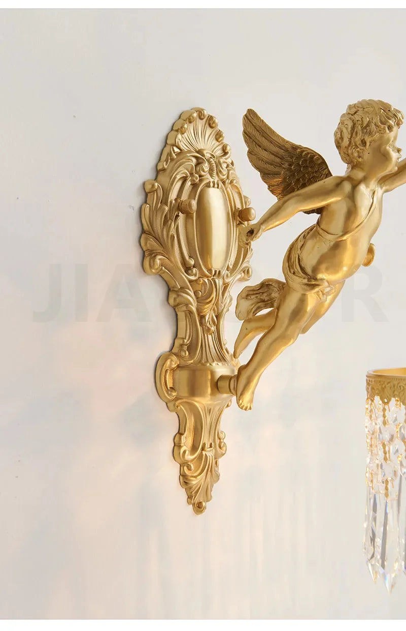 French Retro Copper Angel Flower Crystal Wall Lamp