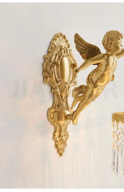 French Retro Copper Angel Flower Crystal Wall Lamp