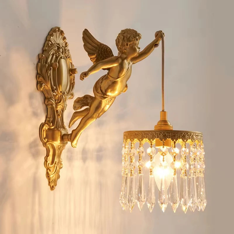 French Retro Copper Angel Flower Crystal Wall Lamp