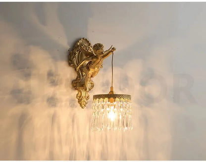 French Retro Copper Angel Flower Crystal Wall Lamp