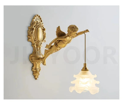 French Retro Copper Angel Flower Crystal Wall Lamp
