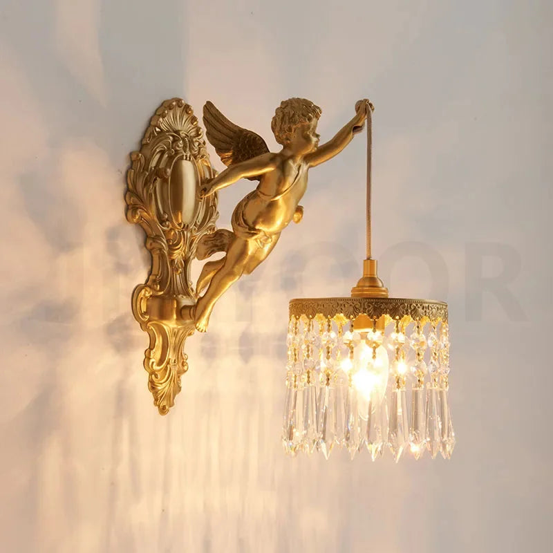 French Retro Copper Angel Flower Crystal Wall Lamp