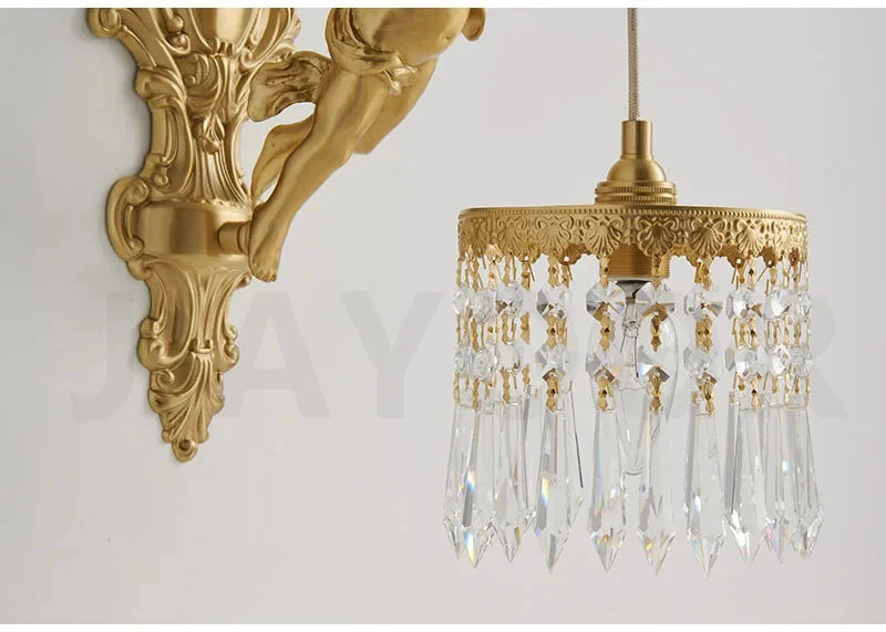 French Retro Copper Angel Flower Crystal Wall Lamp