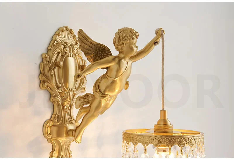 French Retro Copper Angel Flower Crystal Wall Lamp