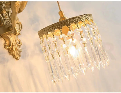 French Retro Copper Angel Flower Crystal Wall Lamp