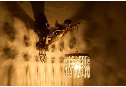 French Retro Copper Angel Flower Crystal Wall Lamp