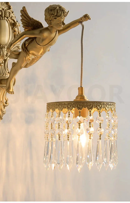 French Retro Copper Angel Flower Crystal Wall Lamp