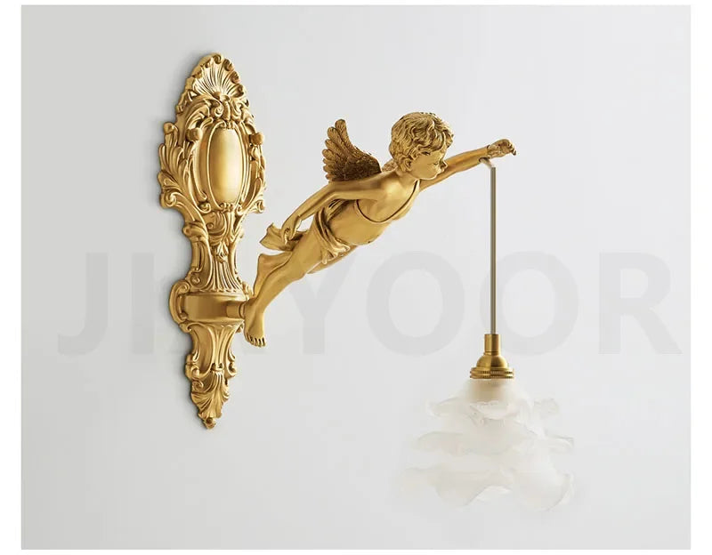 French Retro Copper Angel Flower Crystal Wall Lamp