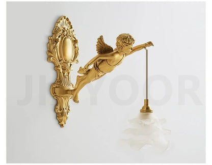 French Retro Copper Angel Flower Crystal Wall Lamp