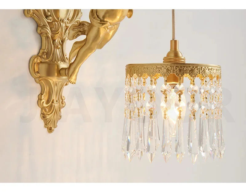 French Retro Copper Angel Flower Crystal Wall Lamp