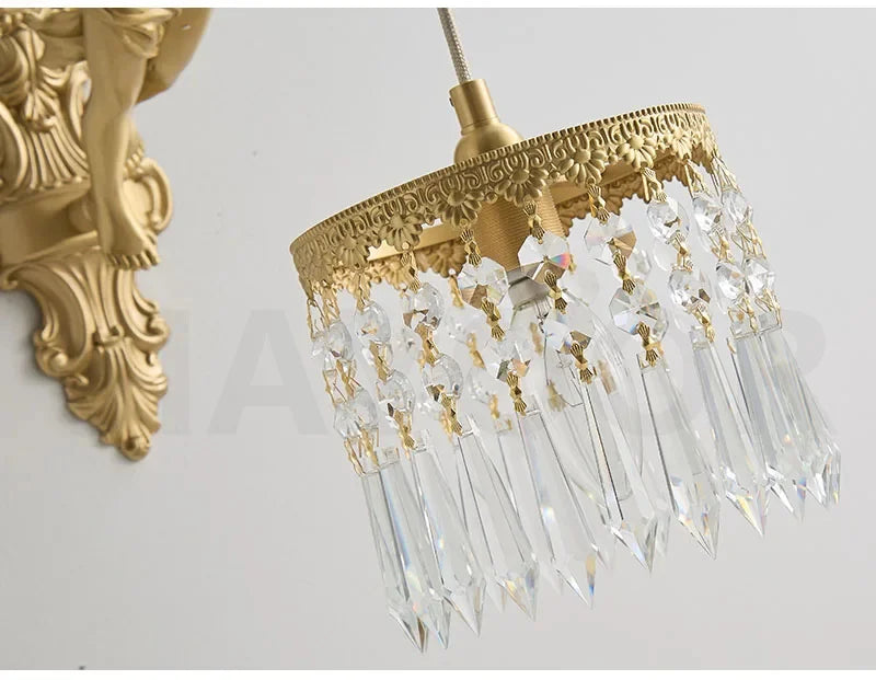 French Retro Copper Angel Flower Crystal Wall Lamp