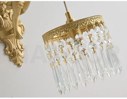 French Retro Copper Angel Flower Crystal Wall Lamp