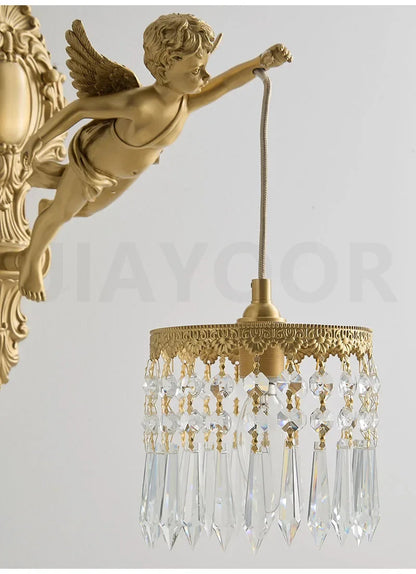 French Retro Copper Angel Flower Crystal Wall Lamp