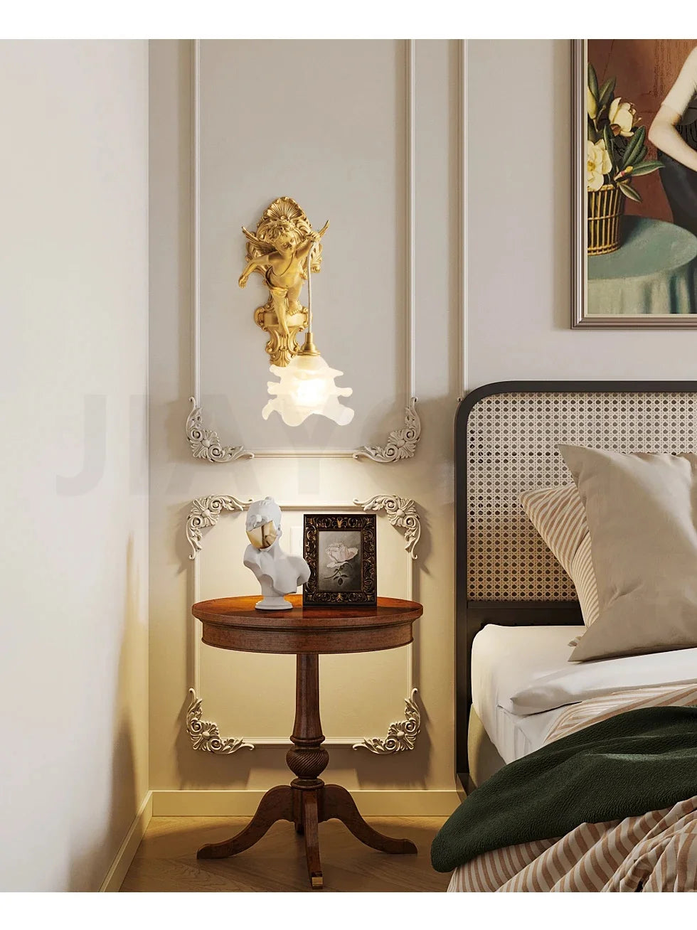 French Retro Copper Angel Flower Crystal Wall Lamp